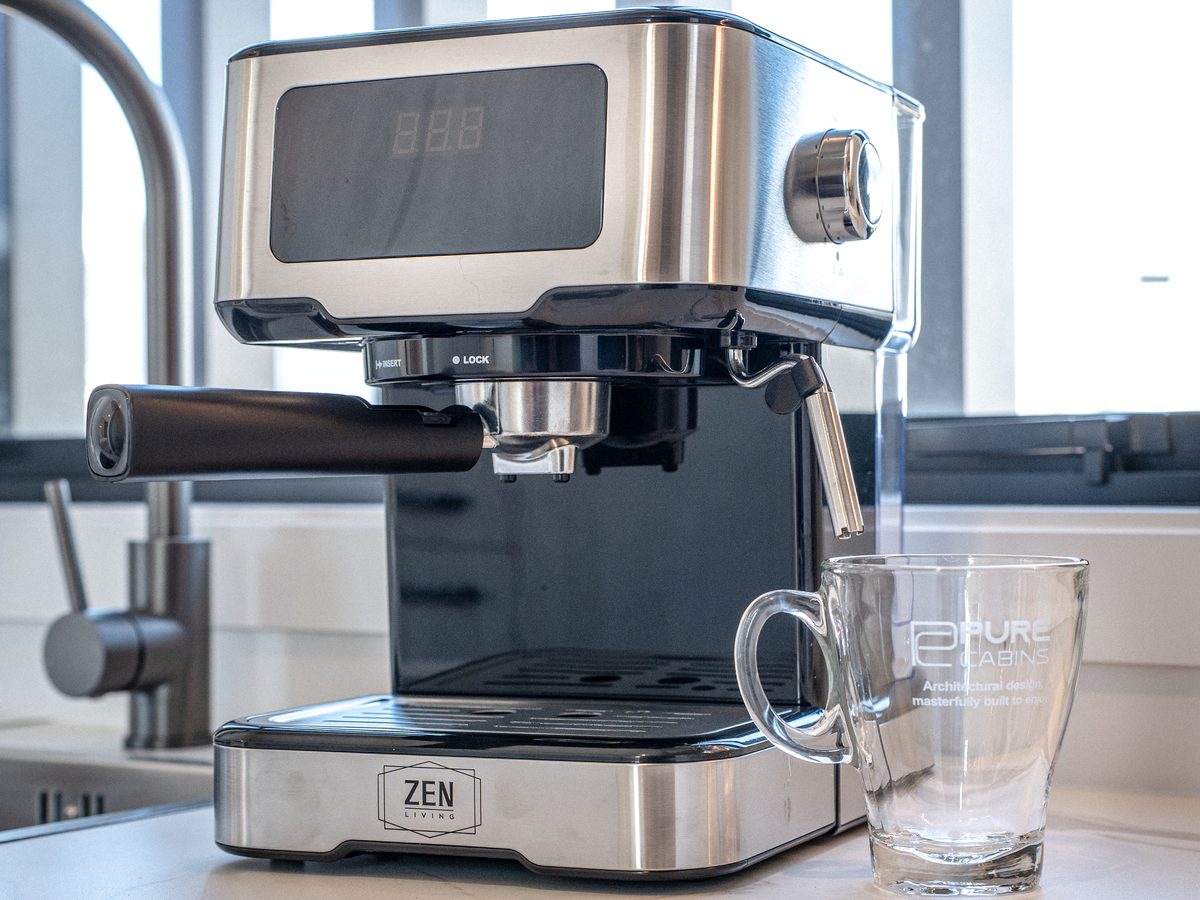 Zen espresso machine and Pure Cabins glass mug giveaway prize
